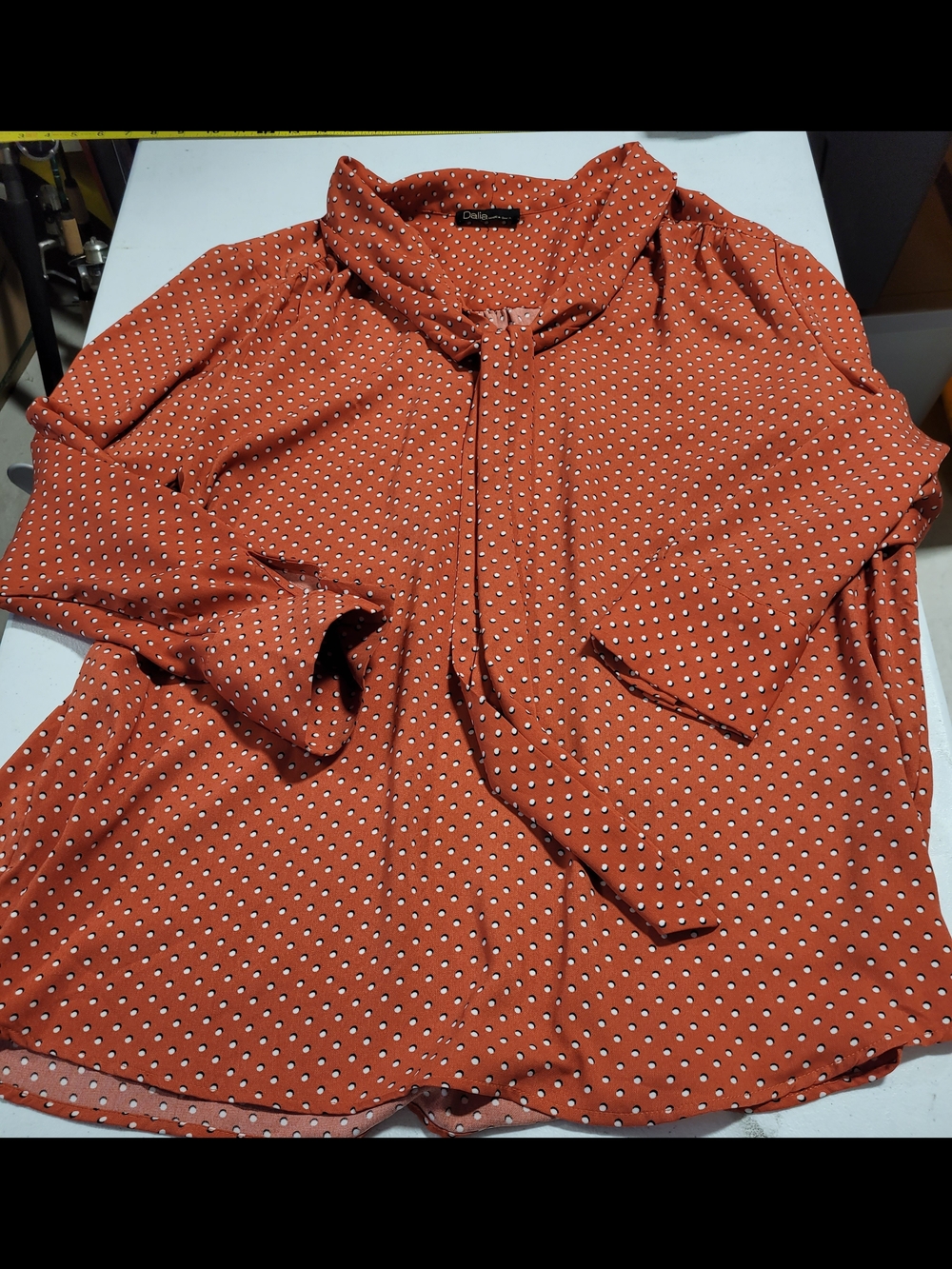 Polka Dot Tie-Neck Blouse - Rust